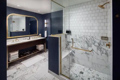 a bathroom with a shower and a sink at The Benson Hotel & Faculty Club in Aurora