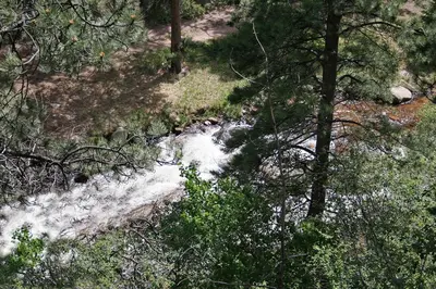 an aerial view of a river in a forest at King Bed Condo with Personal Hot Tub on Deck with River View condo in Estes Park