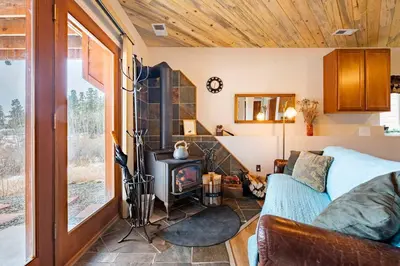 a living room with a couch and a wood stove at Meandering Moose Apartment Vacation Rental in Black Hawk