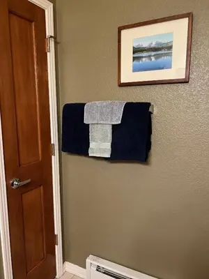 a bathroom with towels hanging on a wall at Meandering Moose Apartment Vacation Rental in Black Hawk