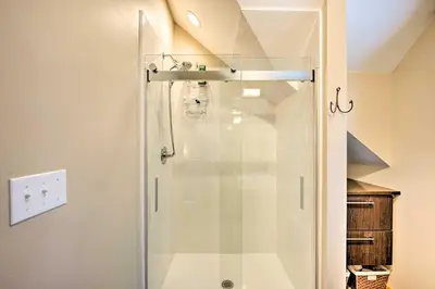 a shower with a glass door in a bathroom at Updated Boulder Studio about 1 Mi to Pearl Street in Boulder