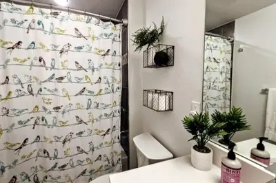 a bathroom with a shower curtain with birds on it at HostWise Stays - The River West - Hot Tub, Parking, Fire Pit, and more in Silverthorne