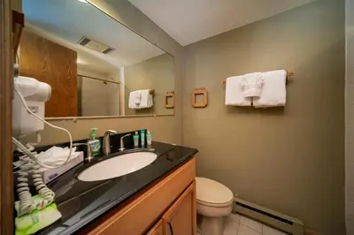 a bathroom with a sink and a toilet and a mirror at Iron Horse Building J Unit 1309 in Winter Park