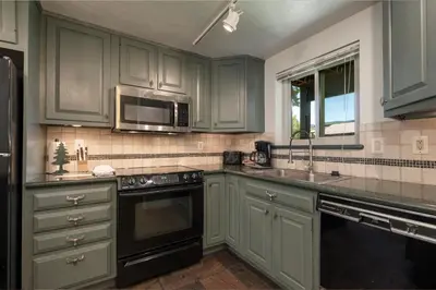 a kitchen with green cabinets and a microwave at Beaver Village Unit #0514 in Winter Park