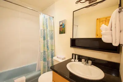 a bathroom with a sink and a toilet and a mirror at Hi Country Haus Unit 0406 in Winter Park