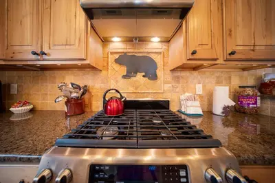 a kitchen with a stove top with a bear on the wall at 500 North Lupine in Fraser