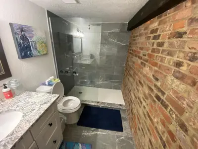 a bathroom with a brick wall and a toilet and a shower at Artsy Platt Park Apartment Guest Suite for 4, QUICK Mountain Access! in Denver