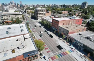 an aerial view of a city street with buildings at Artsy Platt Park Apartment Guest Suite for 4, QUICK Mountain Access! in Denver