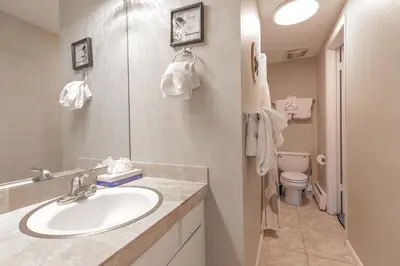 a bathroom with a sink and a toilet at Lake View Condo: Walk To Downtown/Lake Dillon in Dillon