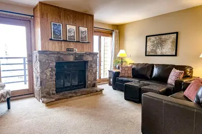 a living room with a couch and a fireplace at Griffons Nest in Silverthorne