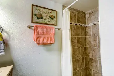 a bathroom with a shower with an orange towel at Near Denver Zoo Home with Furnished Patio! in Denver