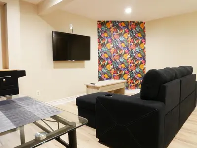 a living room with a black couch and a tv at Private Basement, Bath, Living Area In Morrison in Morrison