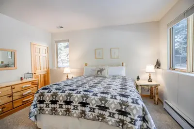 a bedroom with a bed and two windows at Windflower Retreat: Beautiful Dog Friendly Home in Frisco