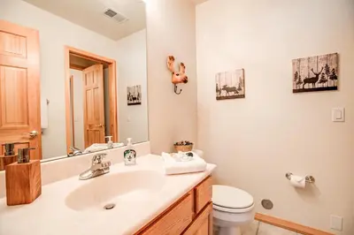 a bathroom with a sink and a toilet and a mirror at Windflower Retreat: Beautiful Dog Friendly Home in Frisco